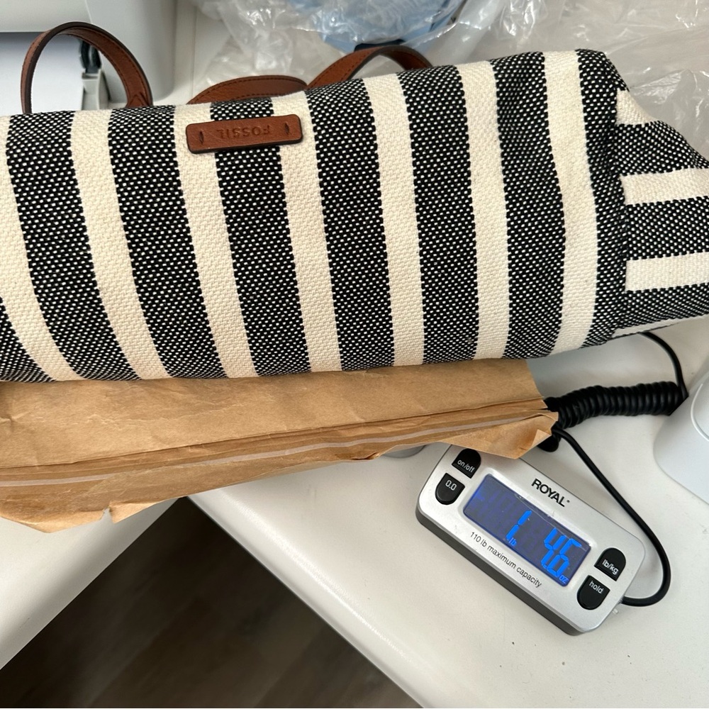 Fossil Stripe Canvas Tote Black Cream Leather Straps Purse Handbag - Picture 15 of 16